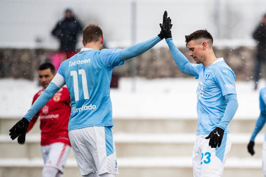 Malmö FFs Marcus Antonsson jublar med Ola Toivonen