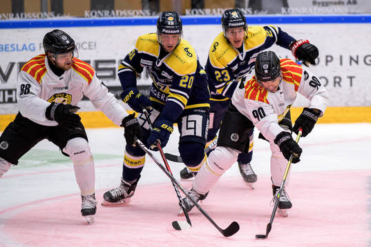 Brynäs Jadeon Descheneau och Shane Harper i en kamp mot