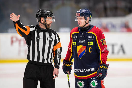 Domare Marcus Linde och Djurgårdens Henrik Eriksson