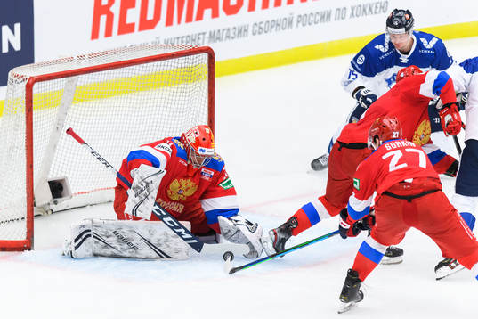 Goalkeeper Alexander Samonov of Russia