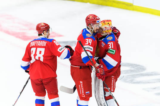 Damir Zhafyarov, Daniil Misyul and goalkeeper Alexander