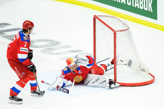 Goalkeeper Alexander Samonov of Russia
