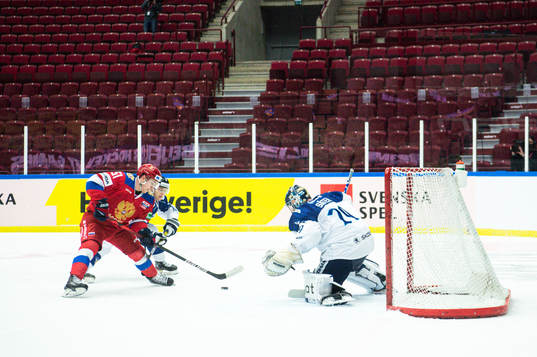 Goalkeeper Harri Säteri of Finland and Nikolai Kovalenko