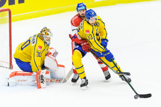 Michael Spacek of Czech Republic against goalkeeper Viktor