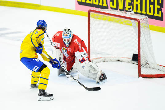 Albert Johansson of Sweden scores the 2-3 goal behind
