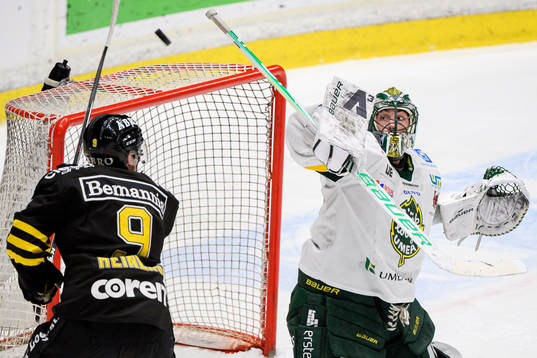 s Nicklas Heinerö och Björklövens målvakt Kevin Poulin