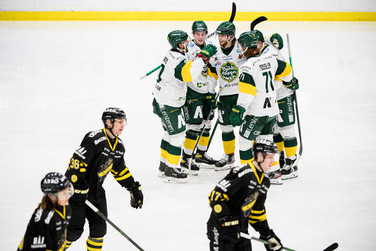 Björklövens spelare jublar med Alexander Deilert