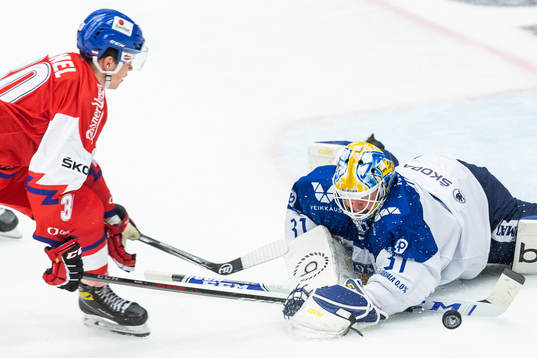 Matej Blumel of Czech Republic and goalkeeper Janne Juvonen
