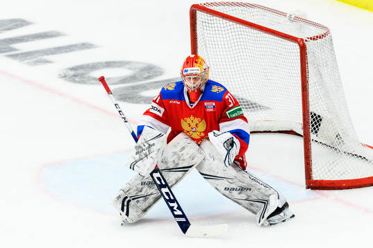 Goalkeeper Alexander Samonov of Russia