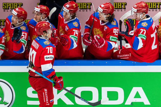 Zakhar Bardakov of Russia celebrates with team mates