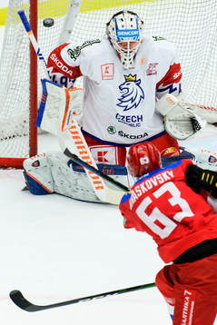 Pavel Kraskovsky of Russia shoots against goalkeeper