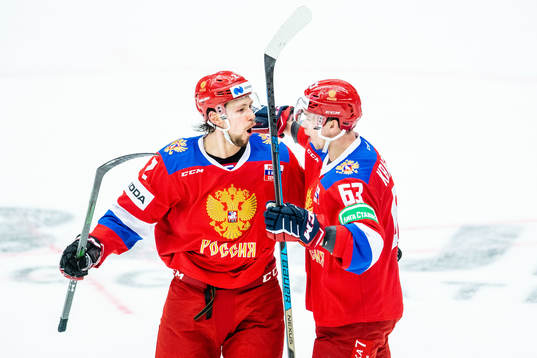 Sergei Zborovsky and Pavel Kraskovsky of Russia celebrates