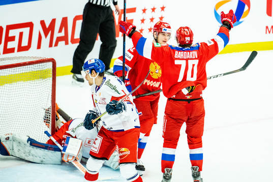 Zakhar Bardakov and Vasily Podkolzin of Russia celebrates