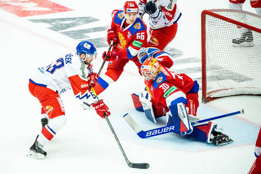 Michael Spacek of Czech Republic and goalkeeper Yaroslav
