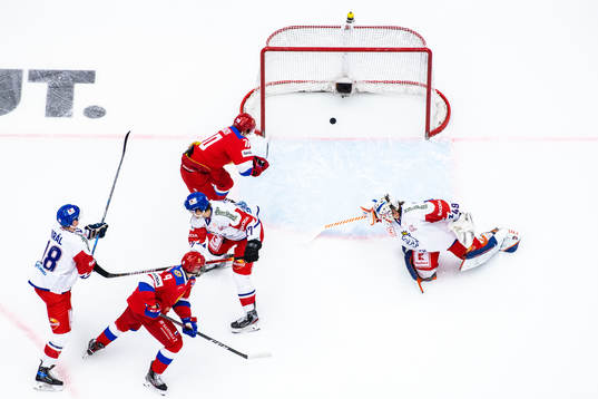 Zakhar Bardakov of Russia scores 1-0 behind goalkeeper