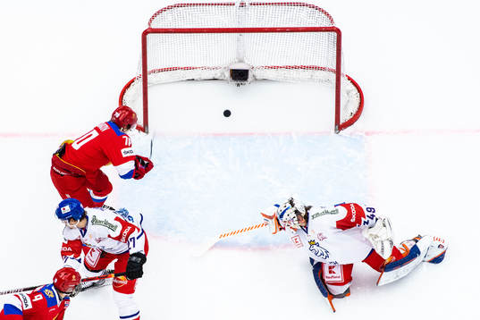 Zakhar Bardakov of Russia scores 1-0 behind goalkeeper