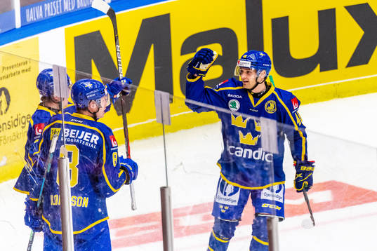 Jesper Sellgren of Sweden celebrates with team mates