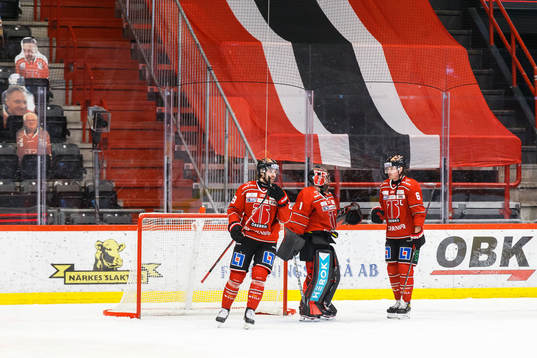 Örebros målvakt Jhonas Enroth jublar med lagkamrater