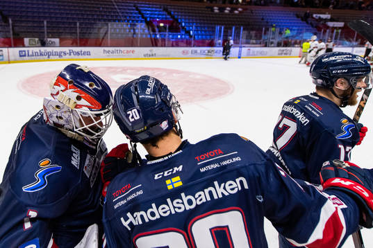 Linköpings målvakt David Rautio och Nikola Pasic jublar