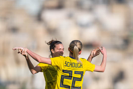 Filippa Angeldahl and Olivia Schough of Sweden celebrate