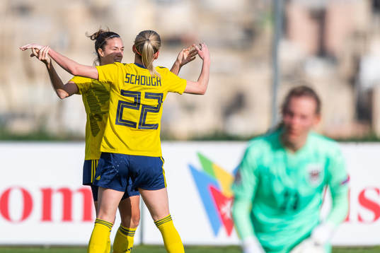 Filippa Angeldal and Olivia Schough of Sweden celebrate