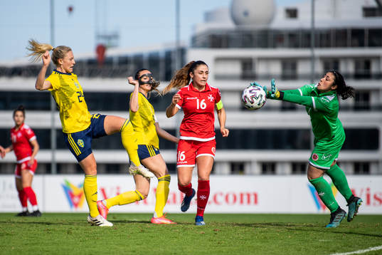 Rebecka Blomqvist and Kosovare Asllani of Sweden against