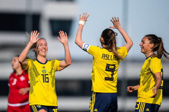 Julia Roddar and Kosovare Asllani of Sweden celebrate
