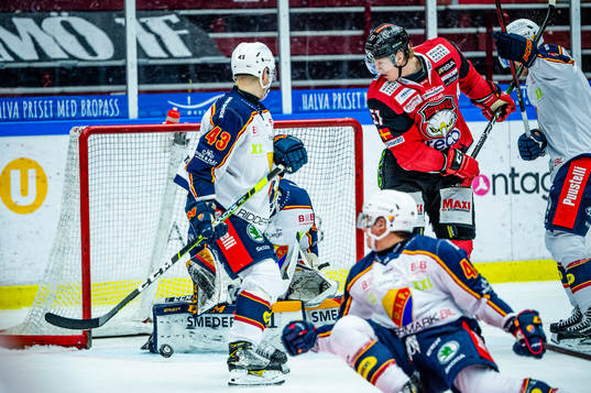 Malmö Redhawks Emil Sylvegård mot Djurgårdens målvakt