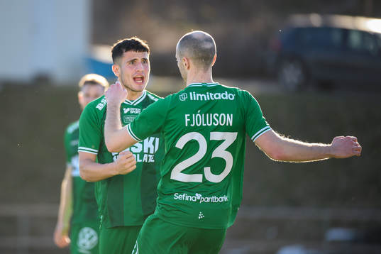 Hammarbys Jon Gudni Fjoluson jublar med Astrit Selmani