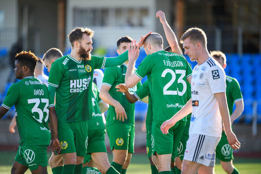 Hammarbys Jon Gudni Fjoluson jublar med Simon Sandberg