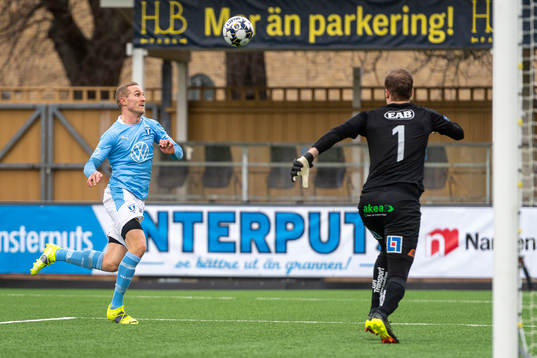 Malmö FFs Franz Brorsson oroar framför Halmstads målvakt