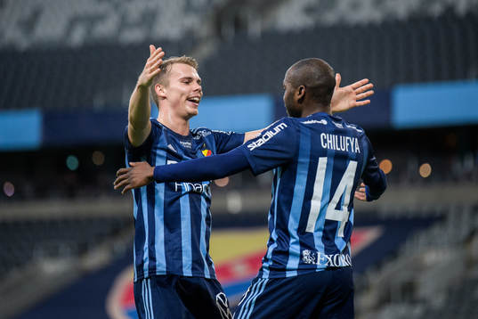 Djurgårdens Elias Andersson och Edward Chilufya jublar