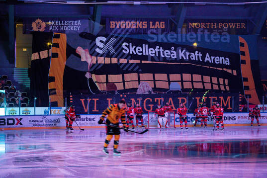 Tifo med texten ”Vi längtar hem” före ishockeymatchen