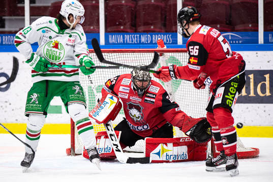 Malmö Redhawks målvakt Oscar Alsenfelt och Rögles Dennis
