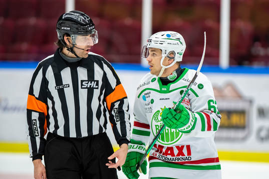 Domare Mikeal sjöqvist i diskussion med Rögles Leon