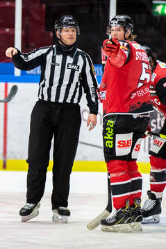 Linjedomare Ludwig Lundgren i samspråk med Malmö Redhawks
