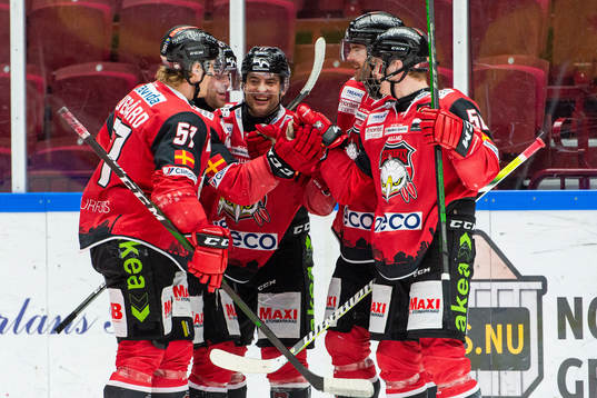 Malmö Redhawks Pathrik Westerholm jublar med lagkamrater