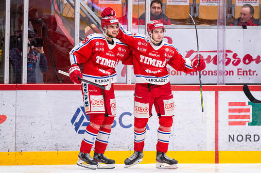 Timrås Viktor Lodin och Jacob Olofsson jublar efer 1-0