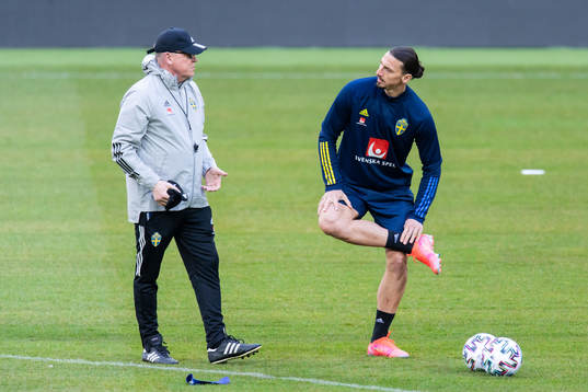 Head coach Janne Andersson and Zlatan Ibrahimovic of the