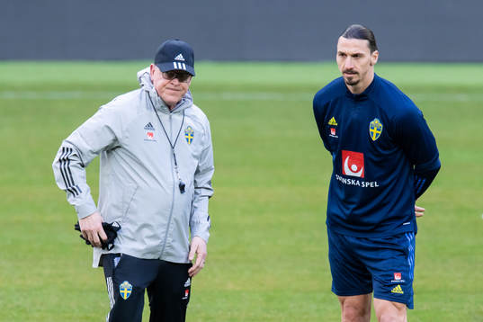 Head coach Janne Andersson and Zlatan Ibrahimovic of the