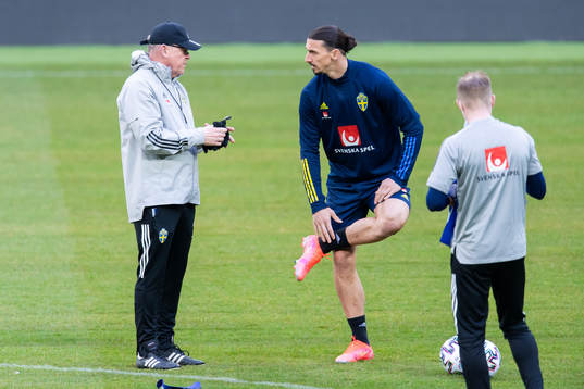 Head coach Janne Andersson and Zlatan Ibrahimovic of the