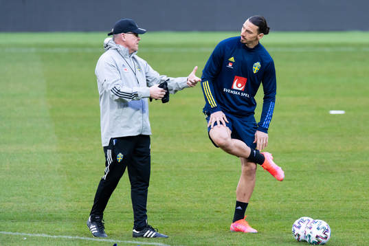 Head coach Janne Andersson and Zlatan Ibrahimovic of the