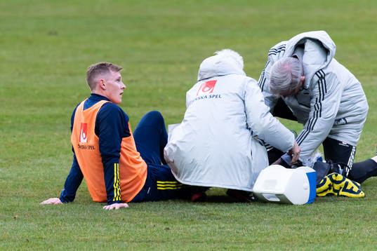 Emil Krafth of the Swedish national football team receives