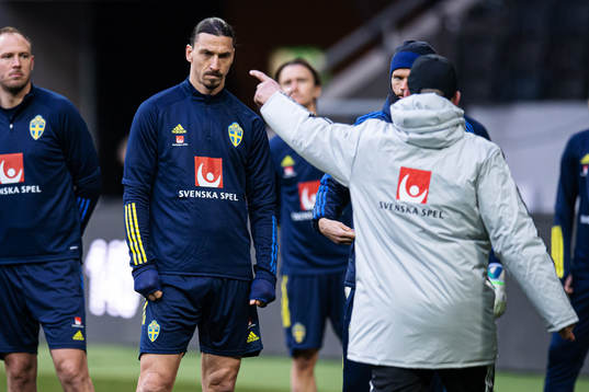 Zlatan Ibrahimovic listens to head coach Janne Andersson of