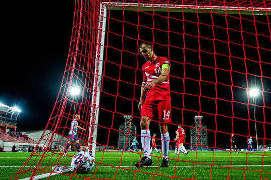 Roy Chipolina of Gibraltar looks dejected