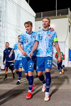 Kristian Thorstvedt and Erling Braut Haaland of Norway at