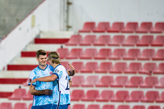 Alexander Sørloth of Norway celebrates with teammate