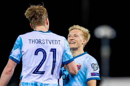 Kristian Thorstvedt of Norway celebrates with teammate