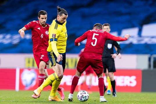 Zlatan Ibrahimovic of Sweden against Giorgi Aburjania and