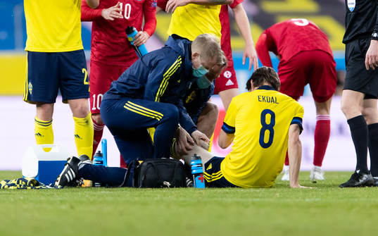 Albin Ekdal of Sweden receives medical attention